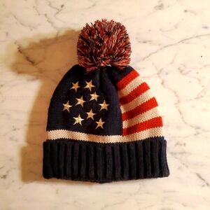 Patriotic Knitted Hat With Embroidered Stars And Pom Pom